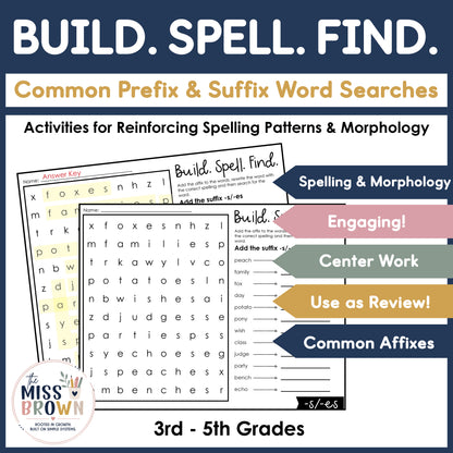 Spelling & Morphology Word Searches - Prefix Suffix Activities 3rd 4th 5th Grade