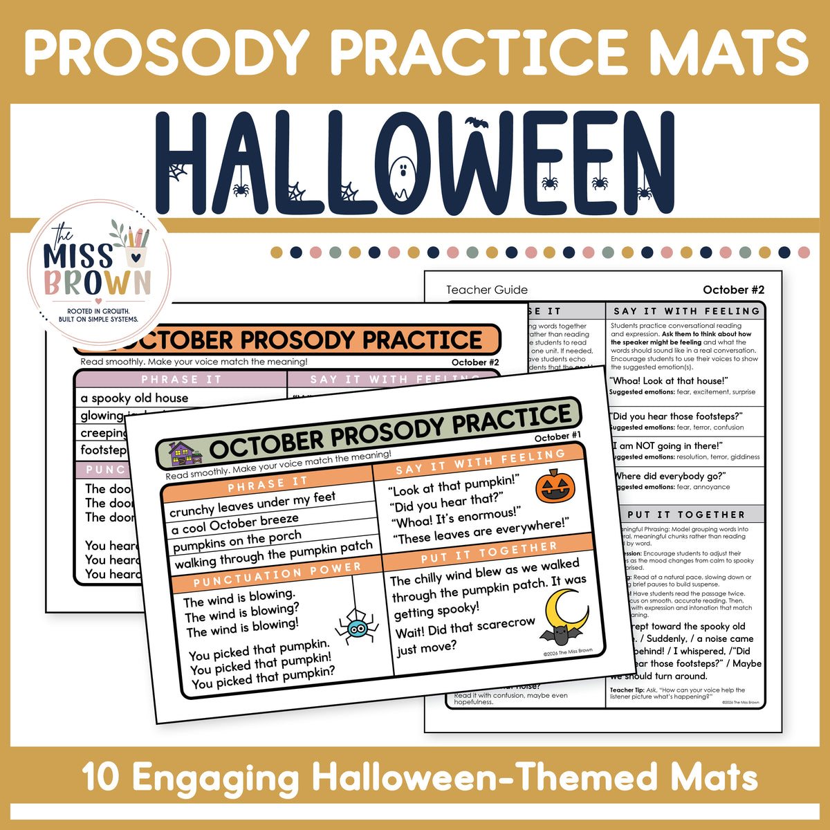 October reading fluency and prosody practice mats with fall and Halloween activities for elementary students.