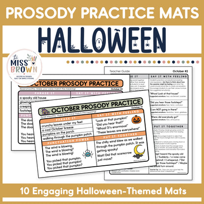 October reading fluency and prosody practice mats with fall and Halloween activities for elementary students.